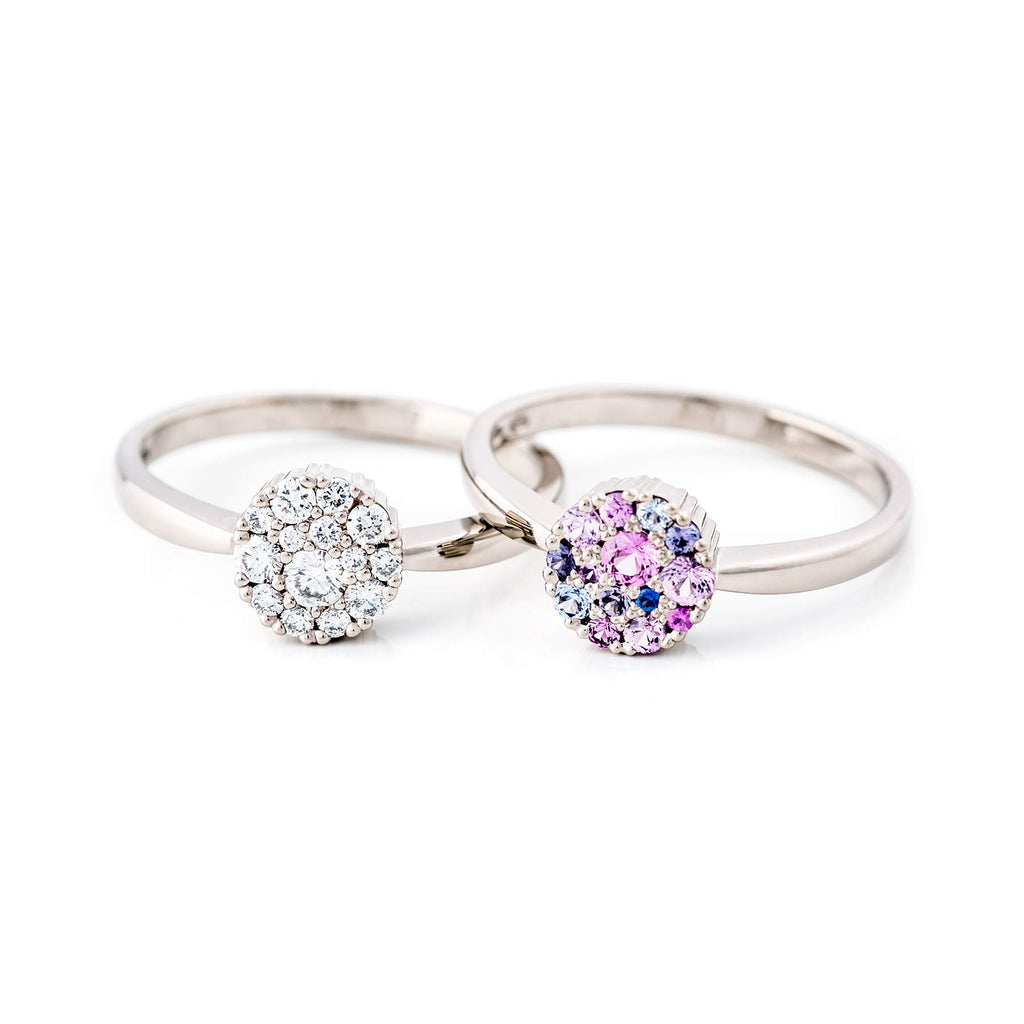 Cupcake diamond ring, and sapphire ring, gemstones as a cluster in the middle, design Jussi Louesalmi, Au3 Goldsmiths