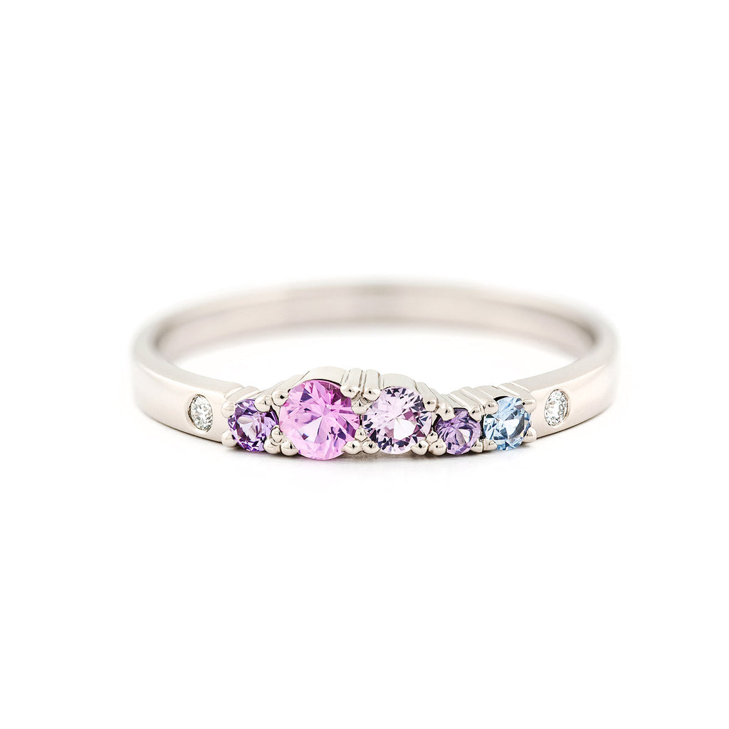 Keto Meadow 2mm wide ring with pink, violet and blue sapphires and white tw/vs diamonds. Design by Jussi Louesalmi, Au3 Goldsmiths