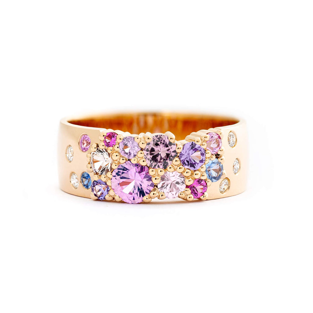 Keto Meadow 7,5mm wide ring in 750 yellow gold with pink, purple and blue sapphires and white tw/vs diamonds. design by Jussi Louesalmi, Au3 Goldsmiths.