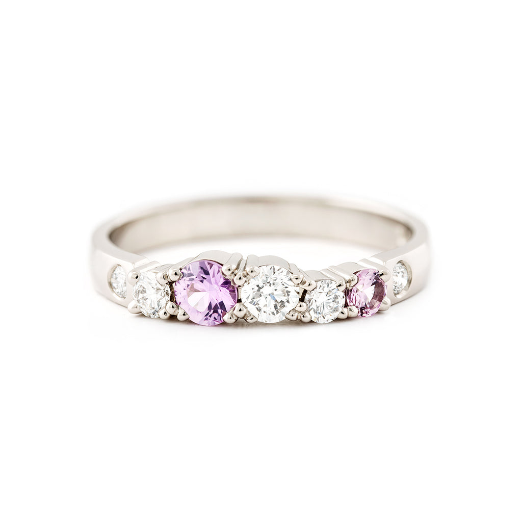 Keto Meadow Spring collection's 2,5mm ring with light pink sapphires, design by Jussi Louesalmi, Au3 Goldsmiths.