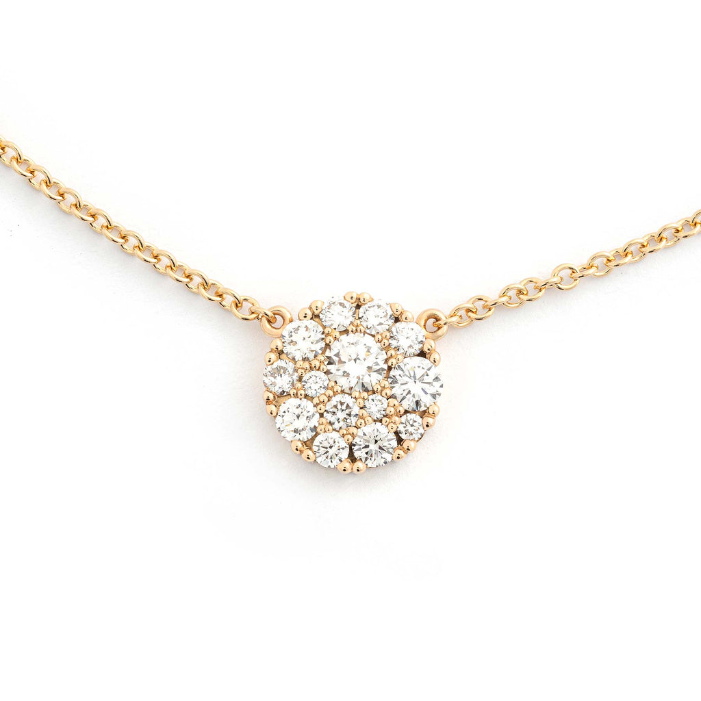 Different size white diamonds in a round shaped Cupcake necklace crafted in recycled 18K yellow gold. Design by Jussi Louesalmi, Au3 Goldsmiths.
