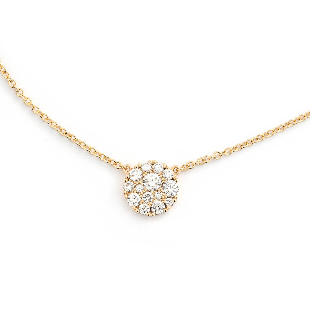 Different size white diamonds in a round shaped Cupcake necklace crafted in recycled 18K yellow gold. Design by Jussi Louesalmi, Au3 Goldsmiths.