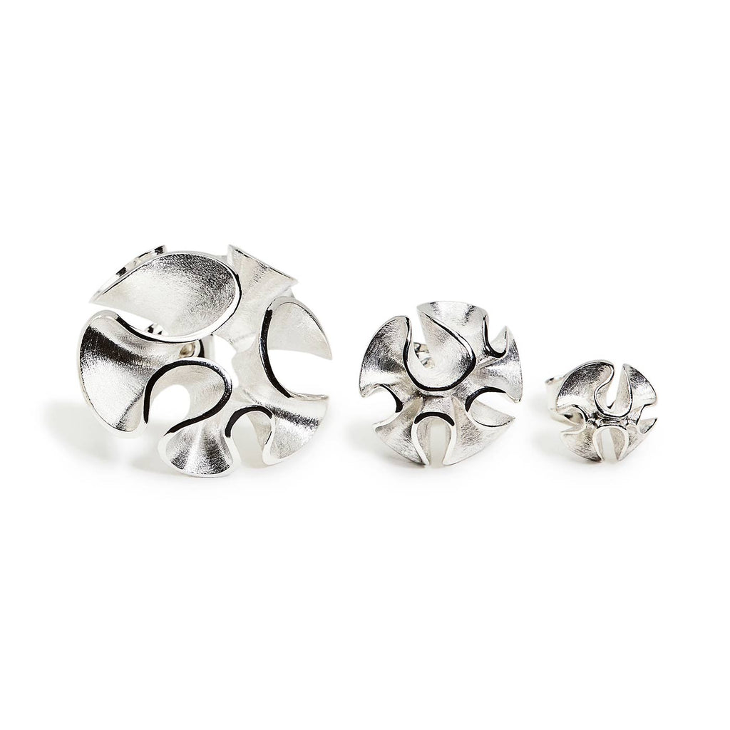 Three different size stud earrings made in 825 silver. Design by Anu Kaartinen, Au3 Goldsmiths