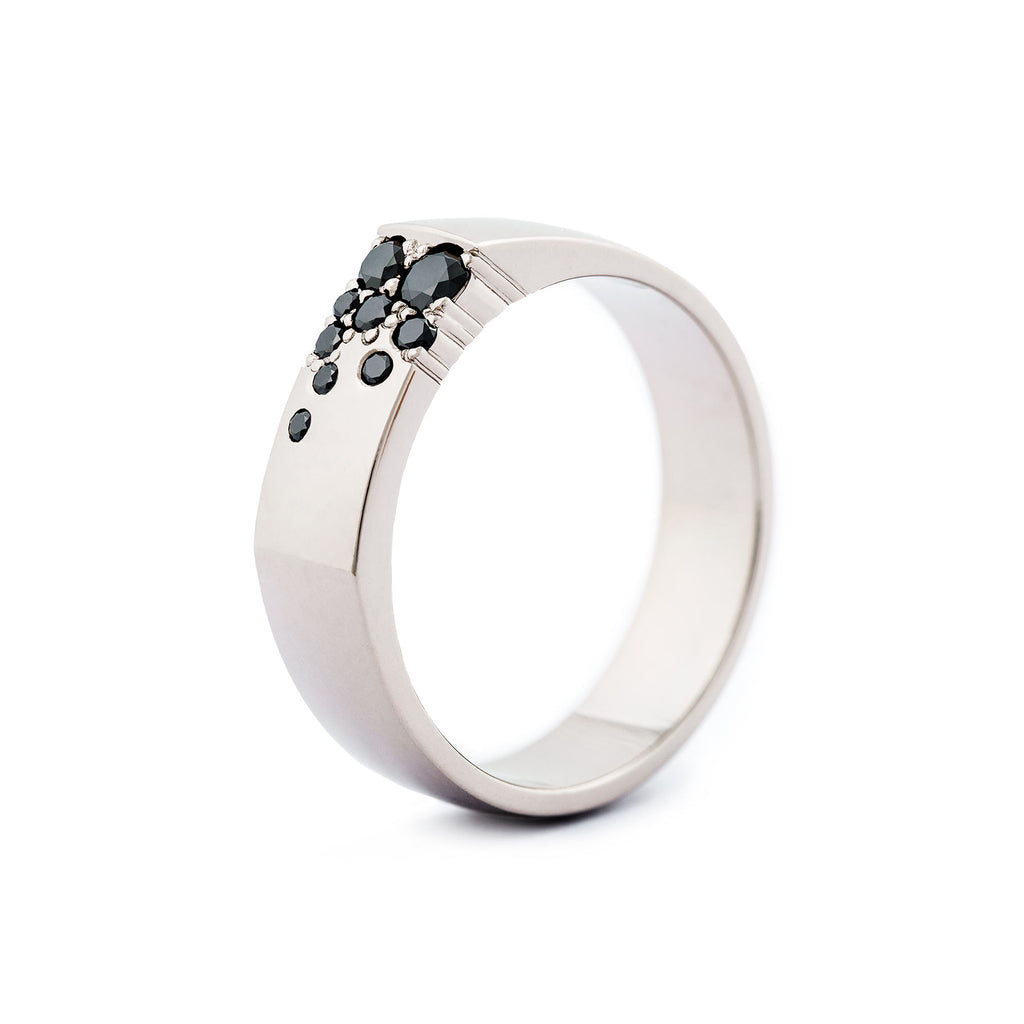 Kero ring crafted in 18K white gold, with black diamonds, design Jussi Louesalmi, Au3 Goldsmiths