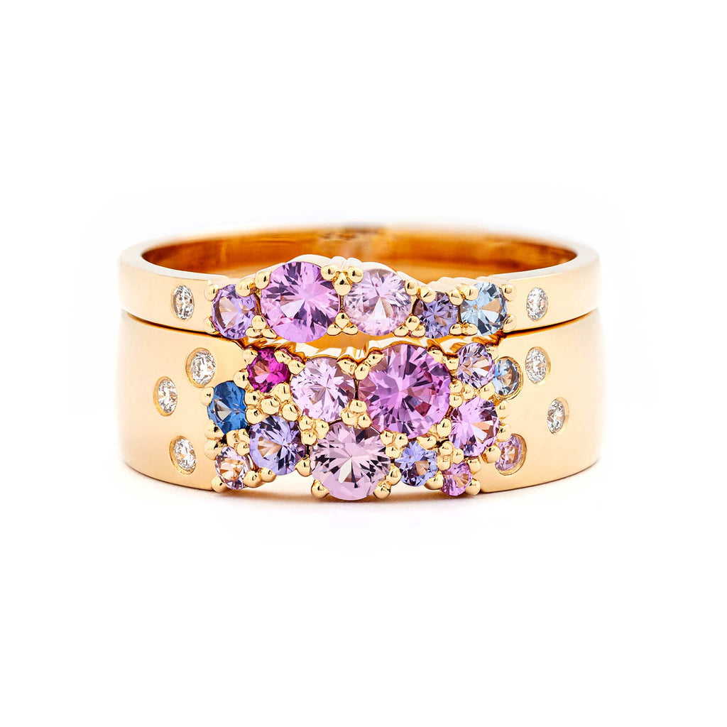 Keto Meadow 6mm and 2mm wide rings in 18K yellow gold, with pink, purple and blue sapphires and white tw/vs diamonds. Design by Jussi Louesalmi, Au3 Goldsmiths.