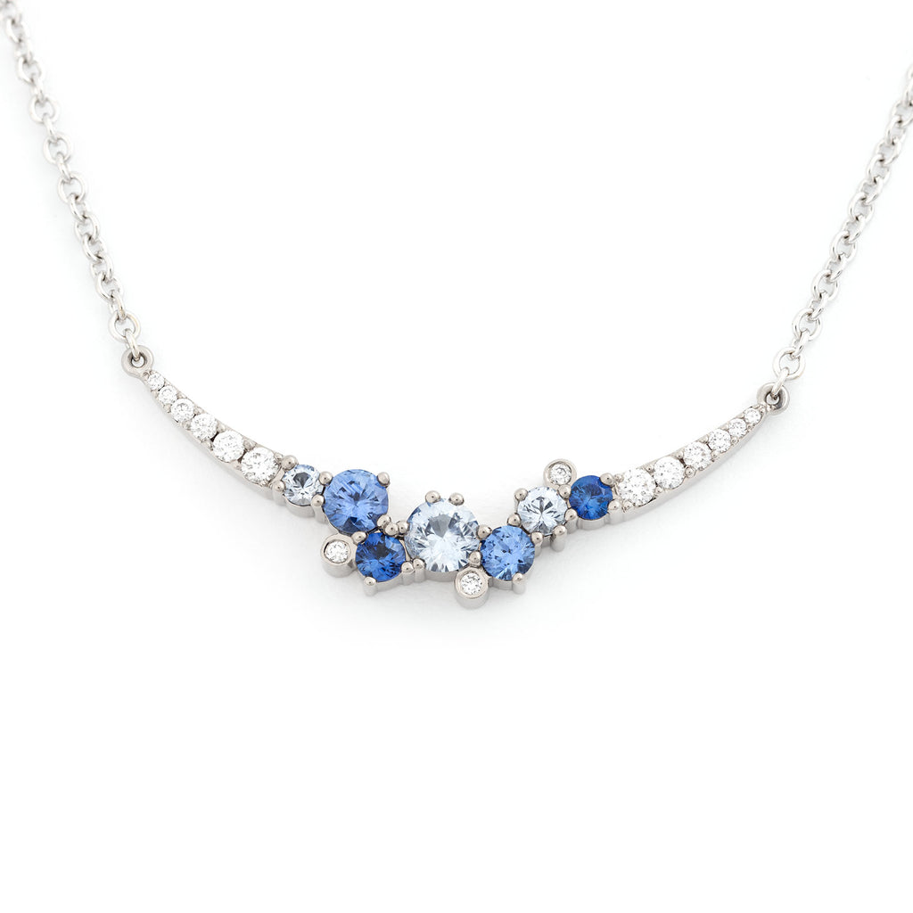 Necklace crafted in 18K white gold with blue sapphires and white diamonds. Design by Jussi Louesalmi, Au3 Goldsmiths.