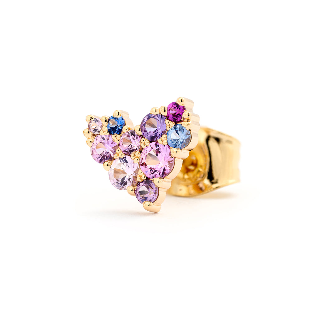 Pink, blue and violet sapphires in the heart shaped Keto Meadow stud earring made in 18K yellow gold. Design by Jussi Louesalmi, Au3 Goldsmiths.