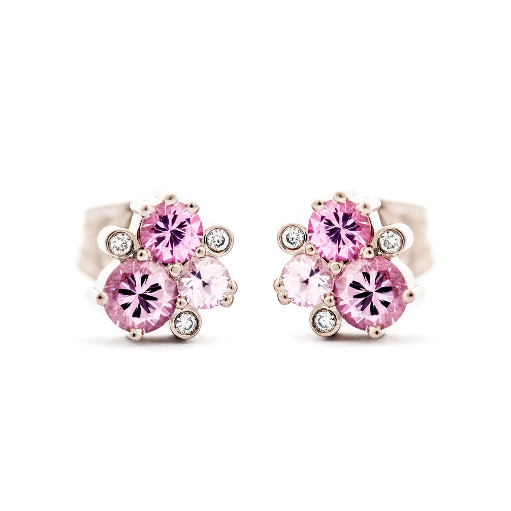 Stud earrings with diamonds and pink sapphires, design by Jussi Louesalmi, Au3 Goldsmiths