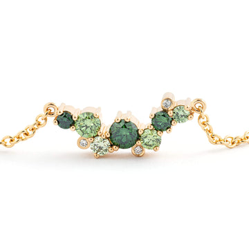 Keto Meadow Crown necklace with treated green diamonds and white tw/vs diamonds by goldsmith Jussi Louesalmi, Au3 Goldsmiths.