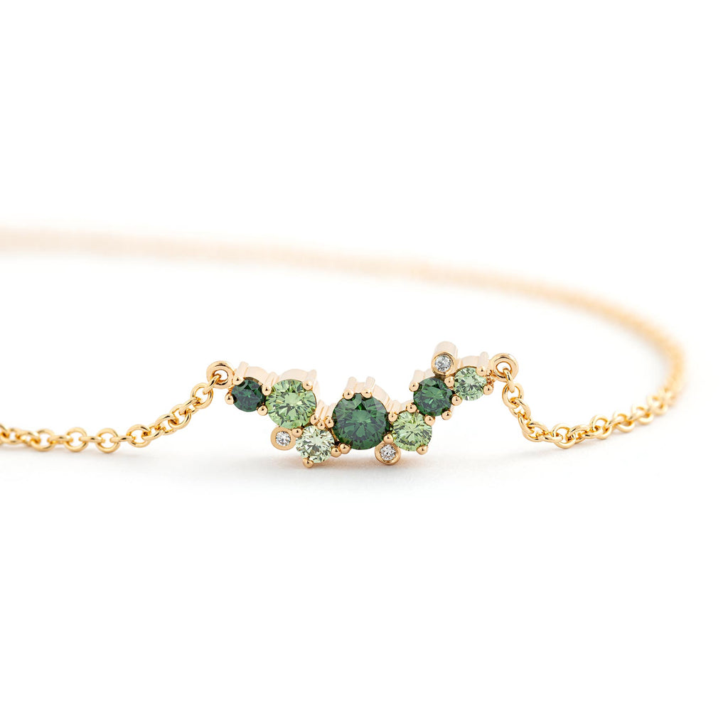 Keto Meadow Crown necklace with treated green diamonds and white tw/vs diamonds by goldsmith Jussi Louesalmi, Au3 Goldsmiths.