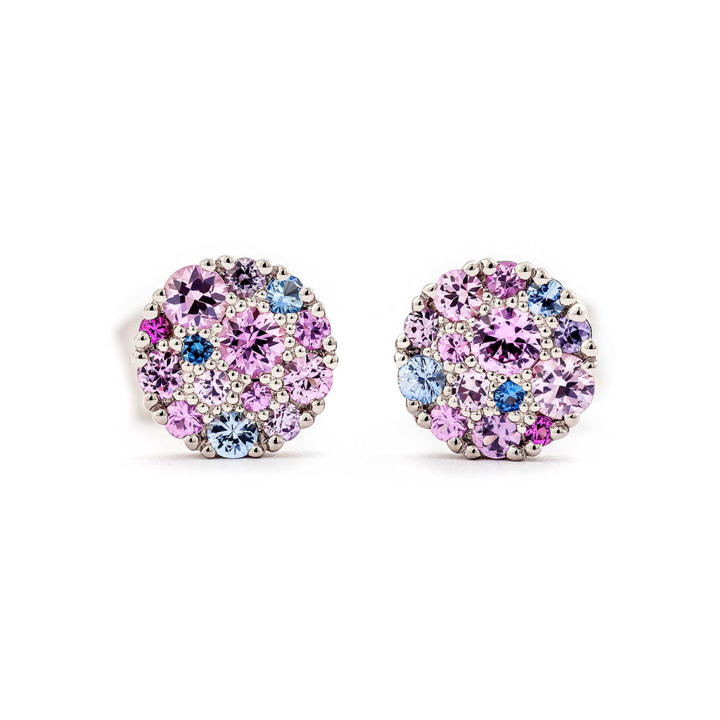 Cupcake stud earrings with pink, blue and purple sapphires in a cluster. Design by Jussi Louesalmi, Au3 Goldsmiths.