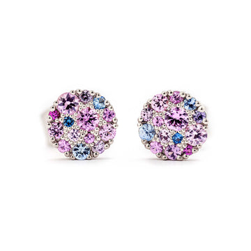 Cupcake stud earrings with pink, blue and purple sapphires in a cluster. Design by Jussi Louesalmi, Au3 Goldsmiths.