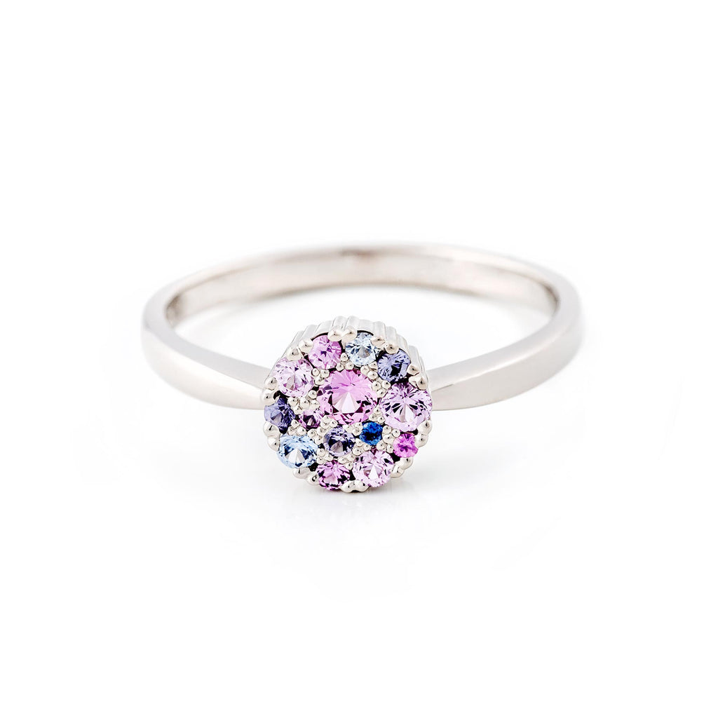 Cupcake ring with colorful sapphires, gemstones as a cluster in the middle, design Jussi Louesalmi, Au3 Goldsmiths