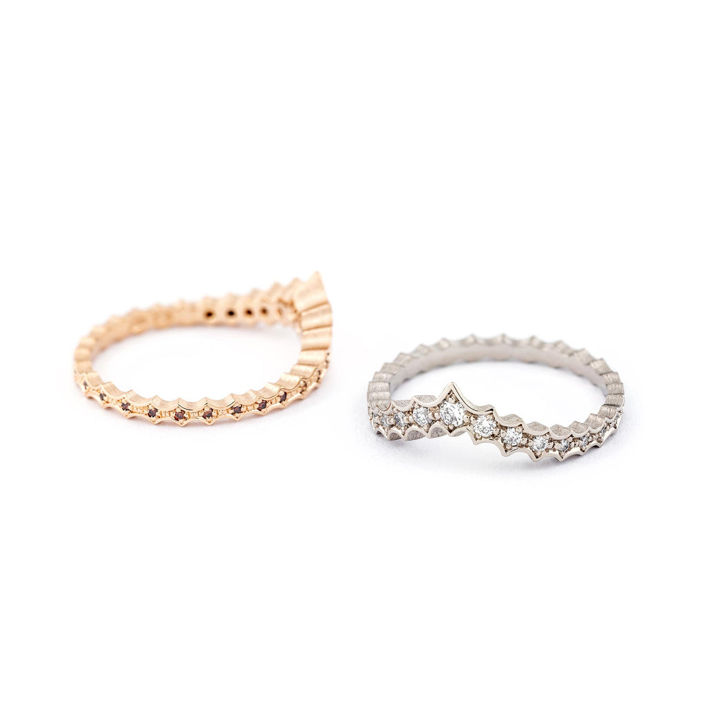 Tiara shaped alliance diamond rings, design Anu Kaartinen, Au3 Goldsmiths