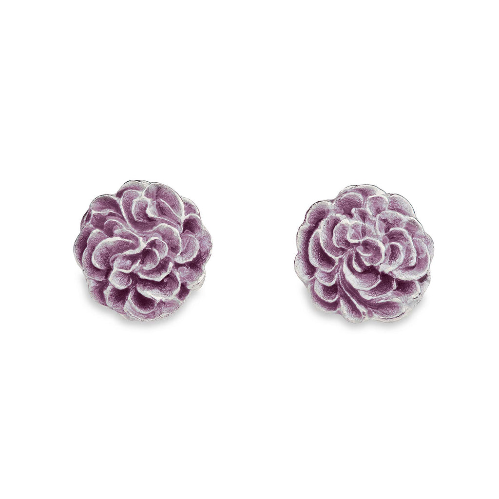 Round stud earrings in silver. Purple enamel on the surface. Design by Anu Kaartinen, Au3 Goldsmiths