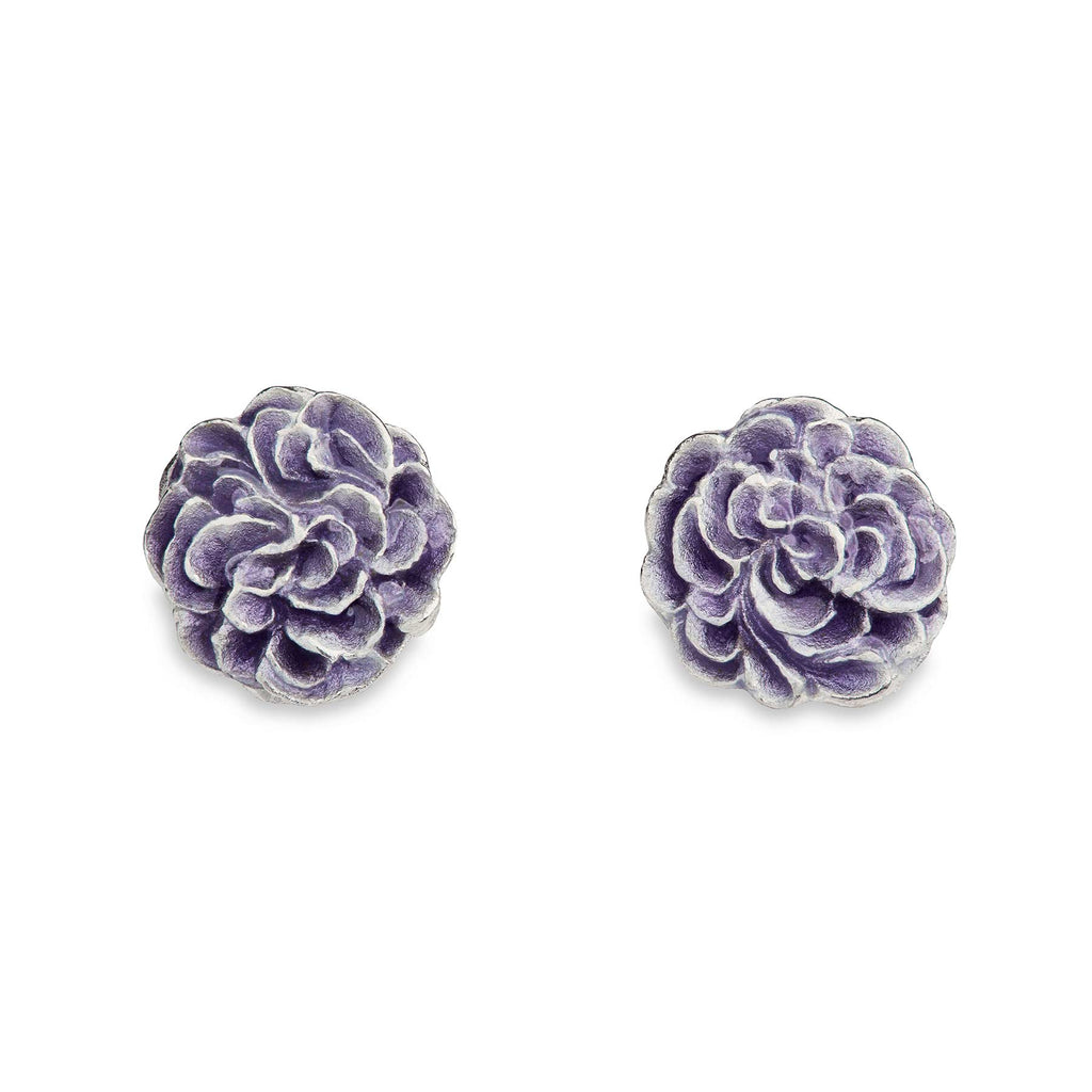 Round stud earrings in silver. Violet blue enamel on the surface. Design by Anu Kaartinen, Au3 Goldsmiths