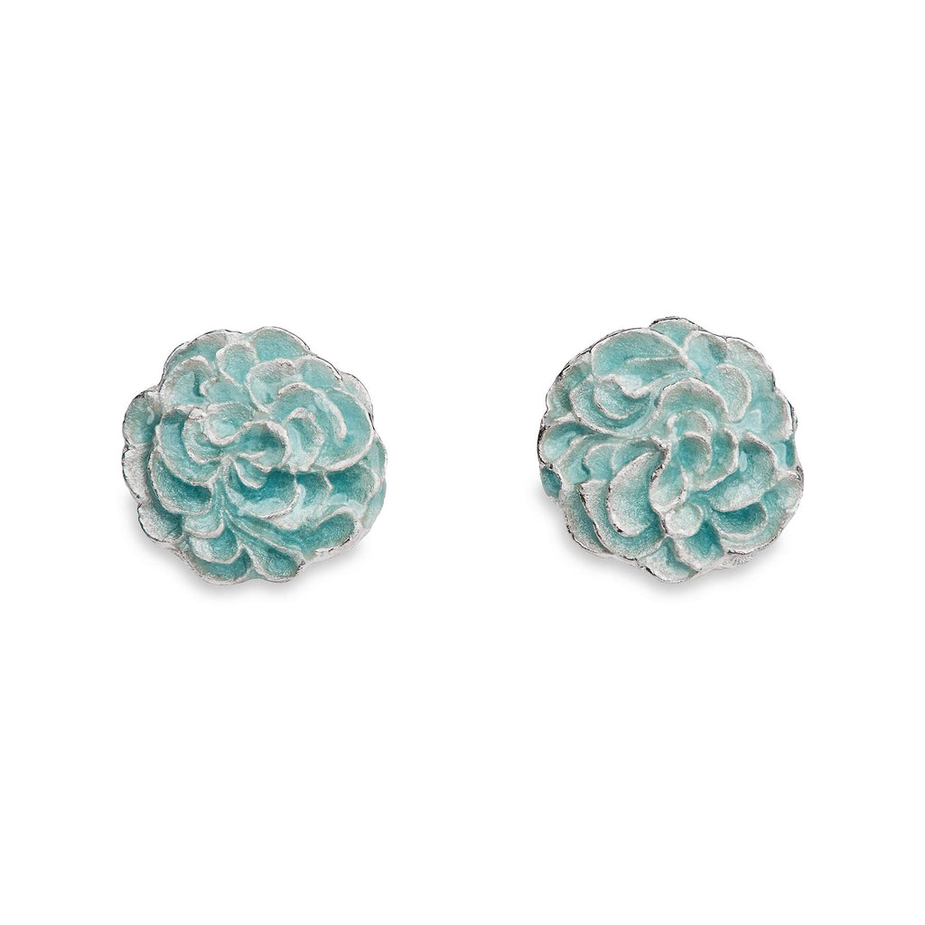 Round stud earrings in silver. Turquoise enamel on the surface. Design by Anu Kaartinen, Au3 Goldsmiths