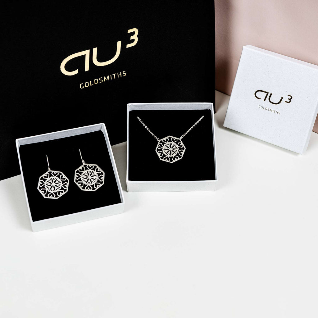 Gems silver jewelry in a gift box, jewelry design by Jussi Louesalmi, Au3 Goldsmiths