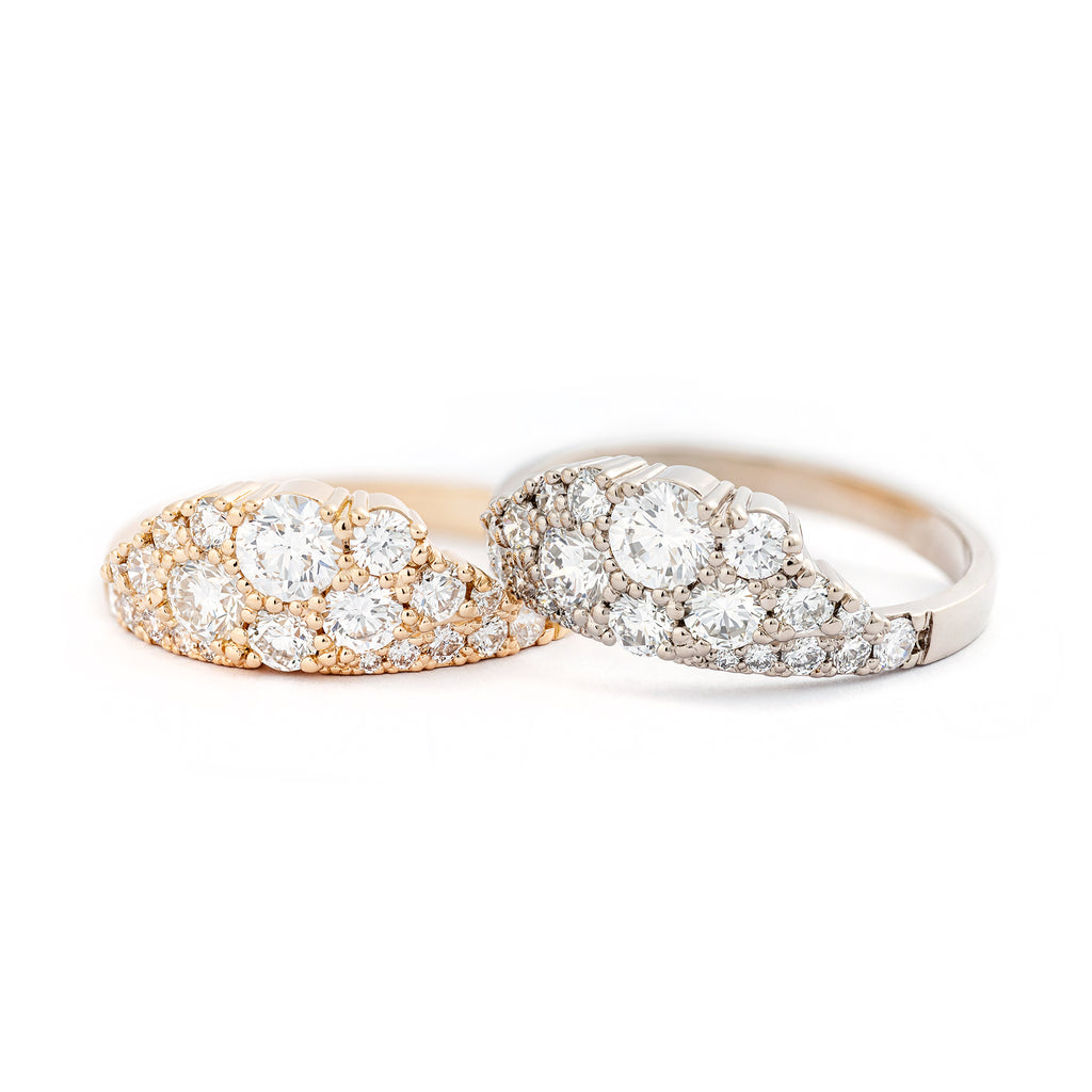 Glamorous crown shaped Kaje diamond rings in white gold and yellow gold, timanttisormukset 750 valko- ja keltakultaa, design Jussi Louesalmi, Au3 Goldsmiths