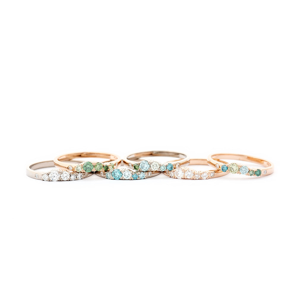 2mm wide Keto Meadow rings with turquoise, green and white diamonds, made in 750 gold or 950 platinum. Design by Jussi Louesalmi, Au3 Goldsmiths.