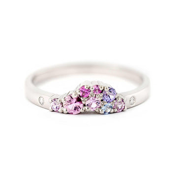 Keto Meadow Tiara ring with pink, purple and blue sapphires and white tw/vs diamonds. Design by Jussi Louesalmi, Au3 Goldsmiths.