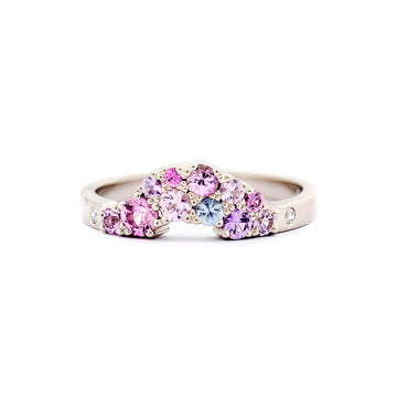 Keto Meadow Tiara+ ring with pink, purple and blue sapphires, and white tw/vs diamonds. The ring goes well with solitaire rings. Design by Jussi Louesalmi, Au3 Goldsmiths. 