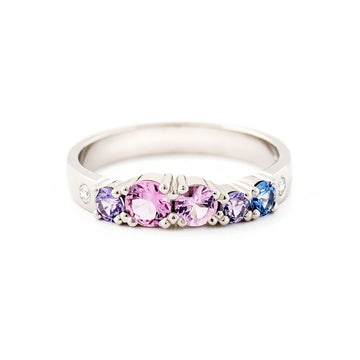 Keto Meadow 3mm wide ring in 750 white gold, with pink, blue and violet sapphires and white diamonds. Design by Jussi Louesalmi, Au3 Goldsmiths.
