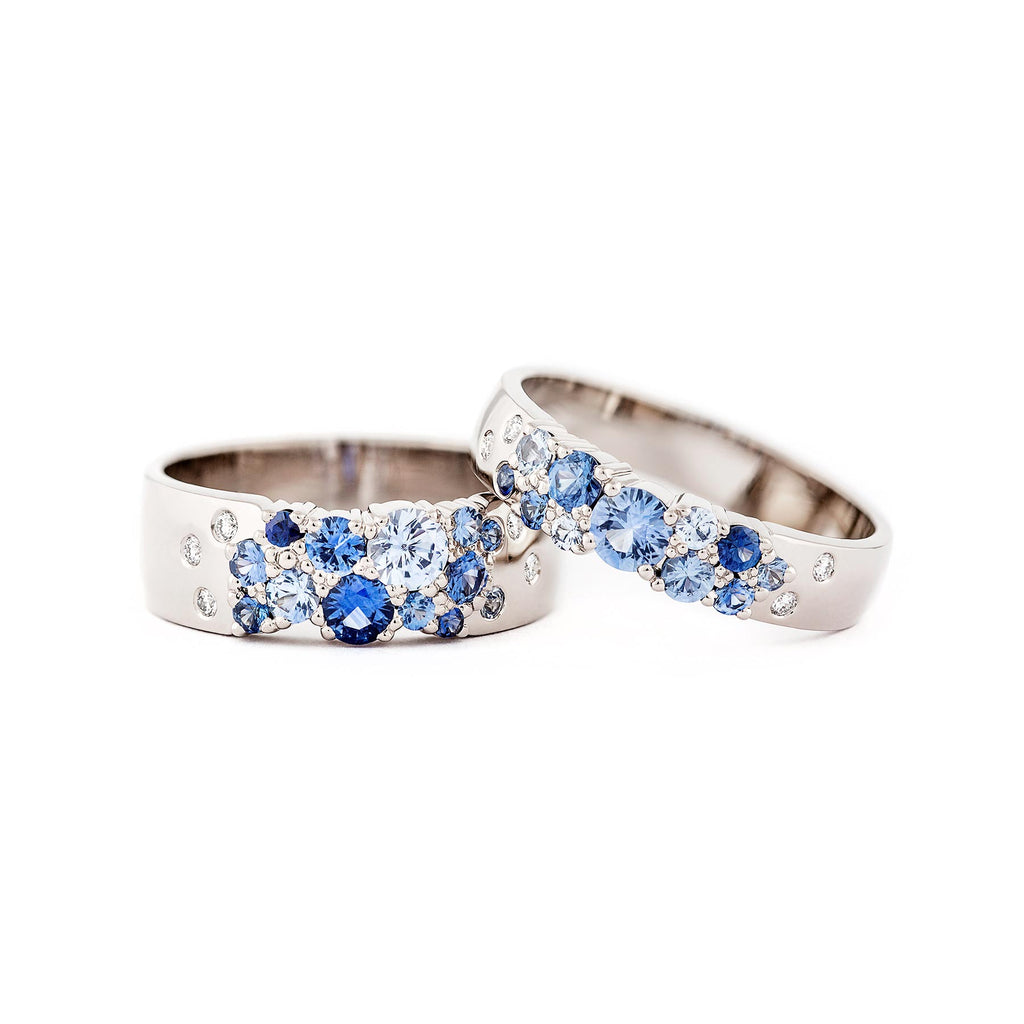 Keto Meadow 6mm and 4mm rings with blue sapphires and white diamonds, design by Jussi Louesalmi, Au3 Goldsmiths