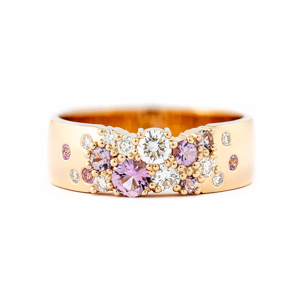 Keto Meadow Spring collection's 6mm wide ring in 750 yellow gold with pastel pink sapphires and white diamonds, design by Jussi Louesalmi, Au3 Goldsmiths