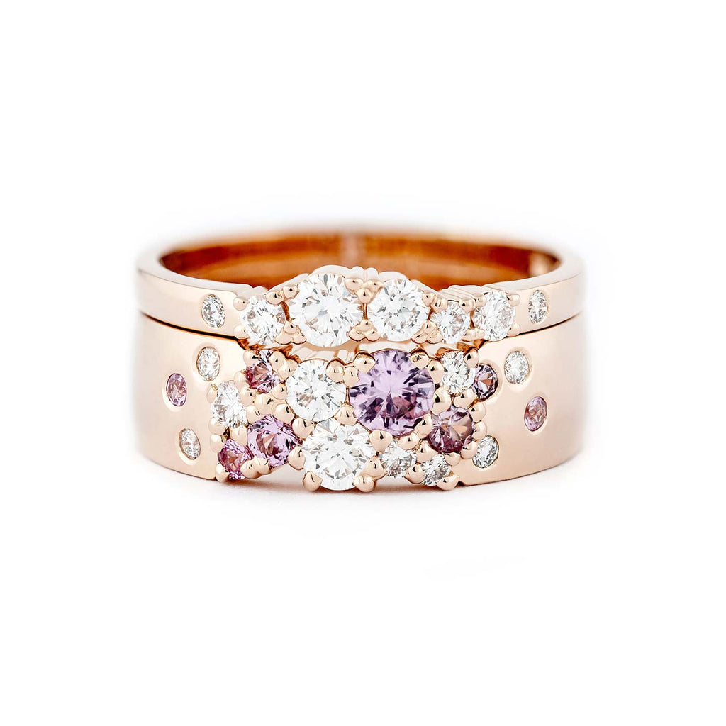 Keto Meadow Spring collection's 6mm and 2mm wide rings with pastel pink sapphires and white diamonds, both rings in 750 rose gold. Design by Jussi Louesalmi, Au3 Goldsmiths.