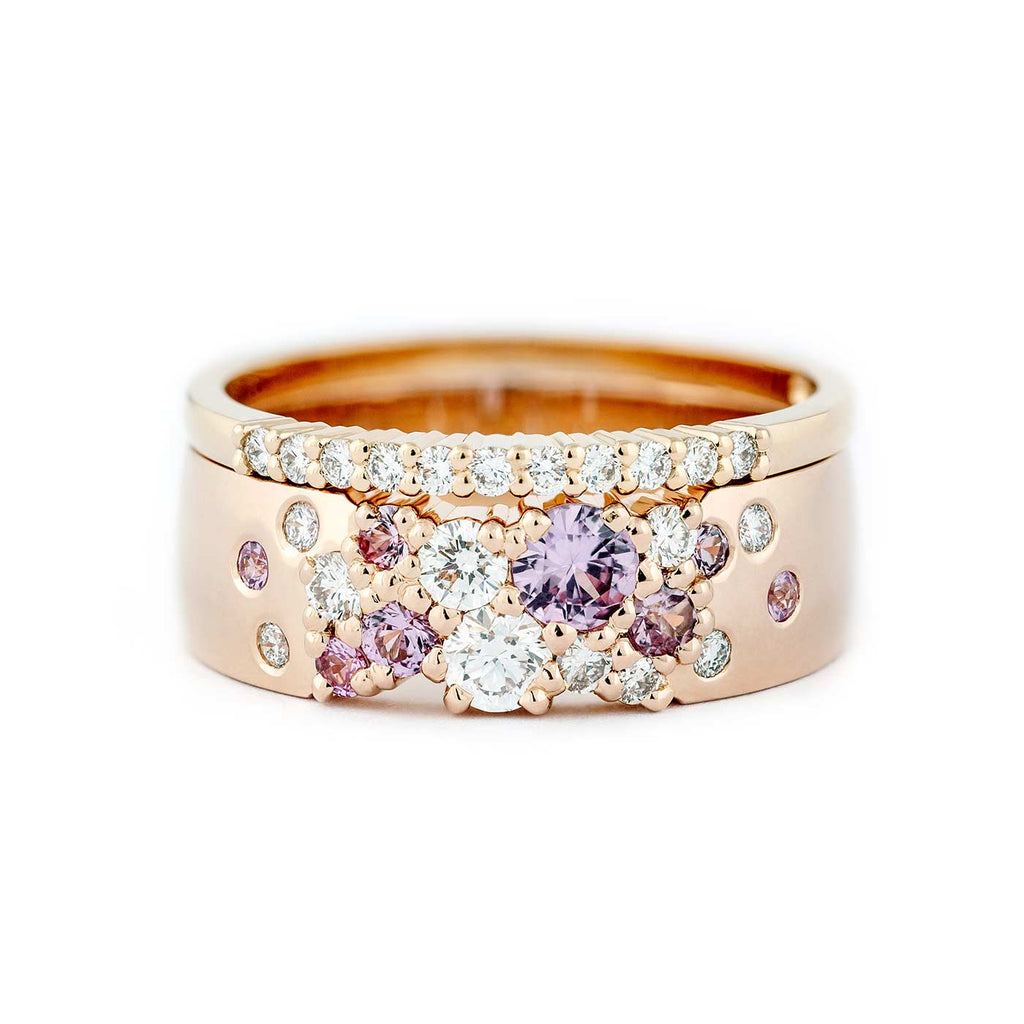 Keto Meadow Spring collection's 6mm wide ring with pastel pink sapphires and white diamonds, together with Raita 1,5mm wide ring with white diamonds, both rings in 750 rose gold. Design by Jussi Louesalmi, Au3 Goldsmiths. 