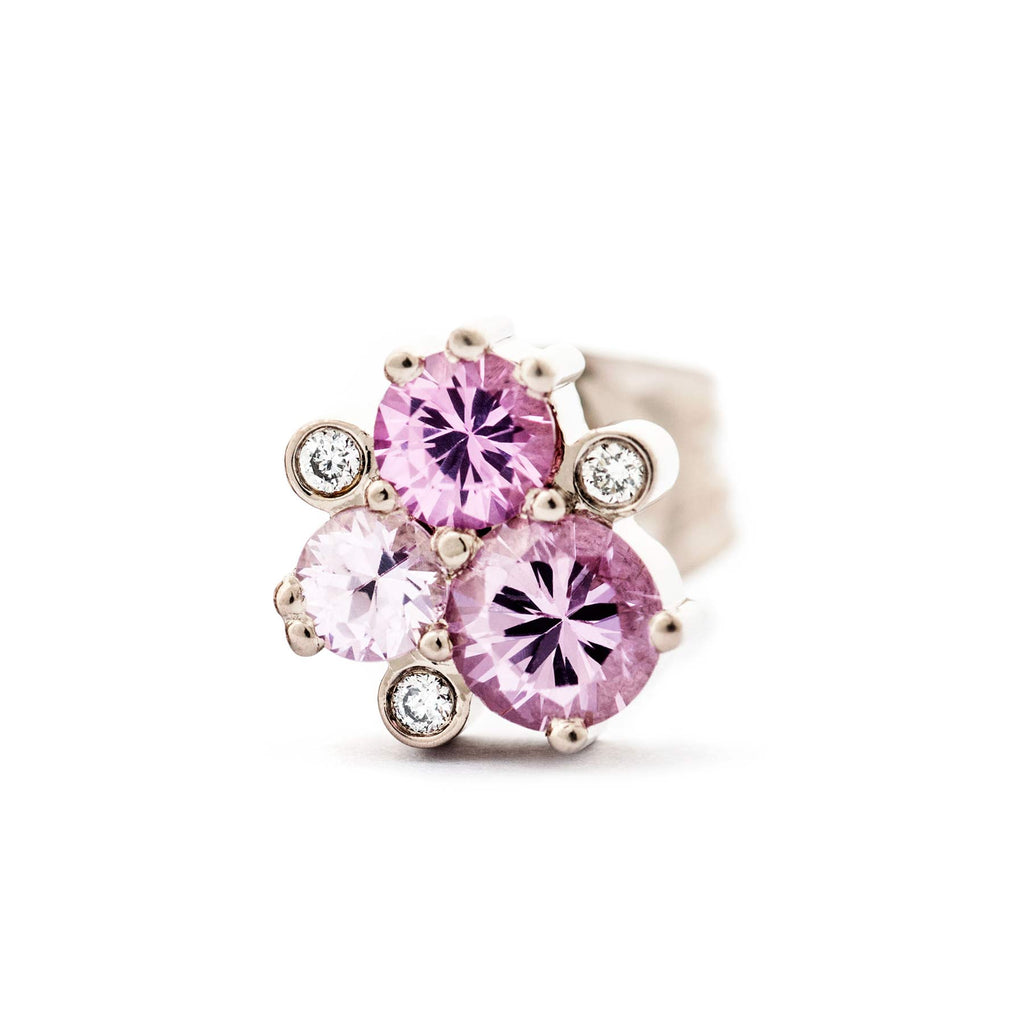 Delicious Keto Meadow stud earring with 3 pink sapphires and 3 white tw/vs diamonds. Design by Jussi Louesalmi, Au3 Goldsmiths.
