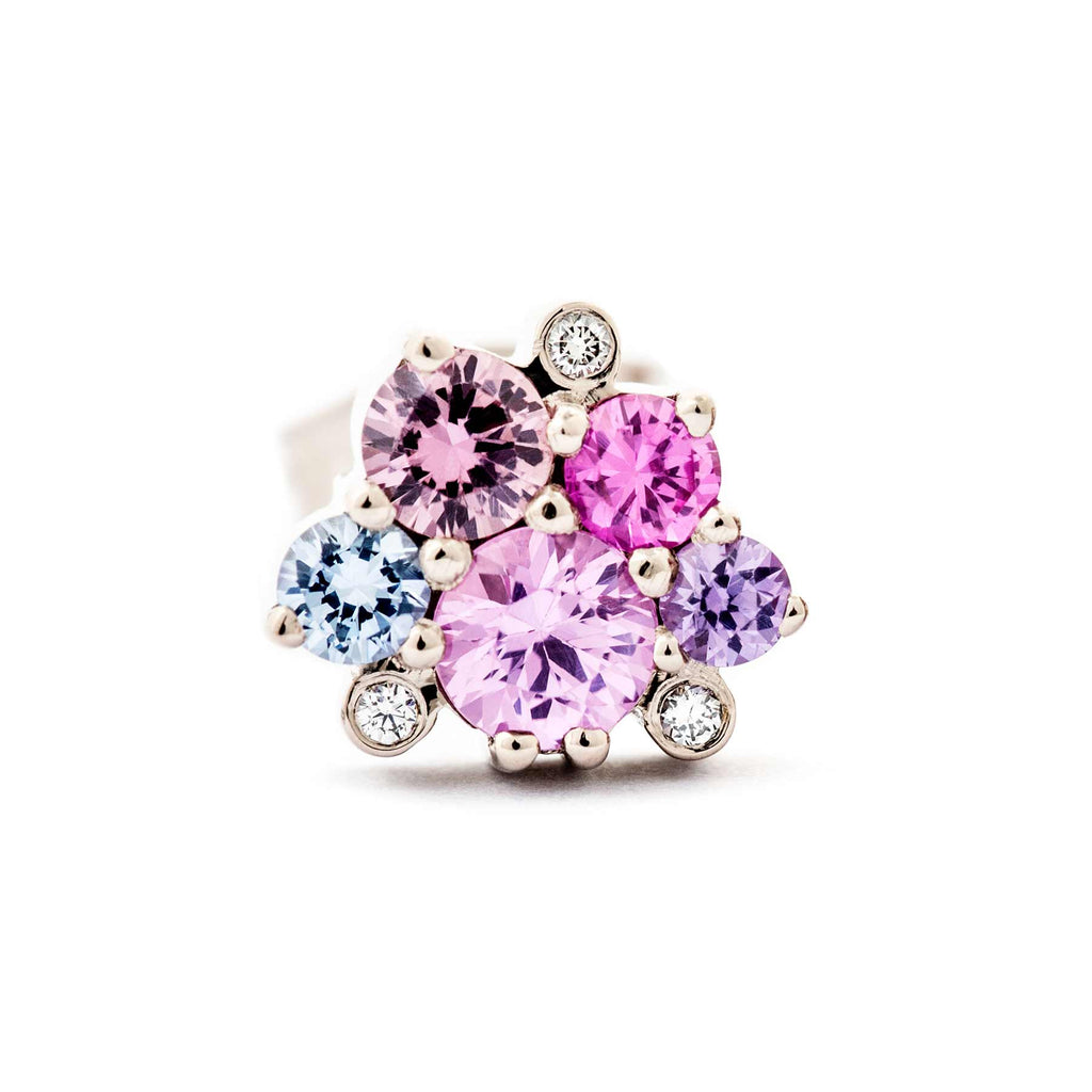 Keto Meadow stud earring with 5 pink, blue and violet sapphires and 3 white tw/vs diamonds. Design by Jussi Louesalmi, Au3 Goldsmiths.