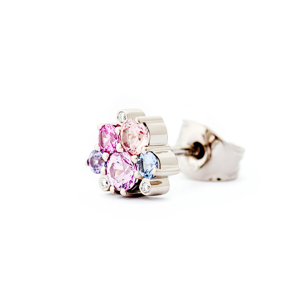 Keto Meadow stud earring with 5 colorful sapphires and 3 white tw/vs diamonds. Design by Jussi Louesalmi, Au3 Goldsmiths.