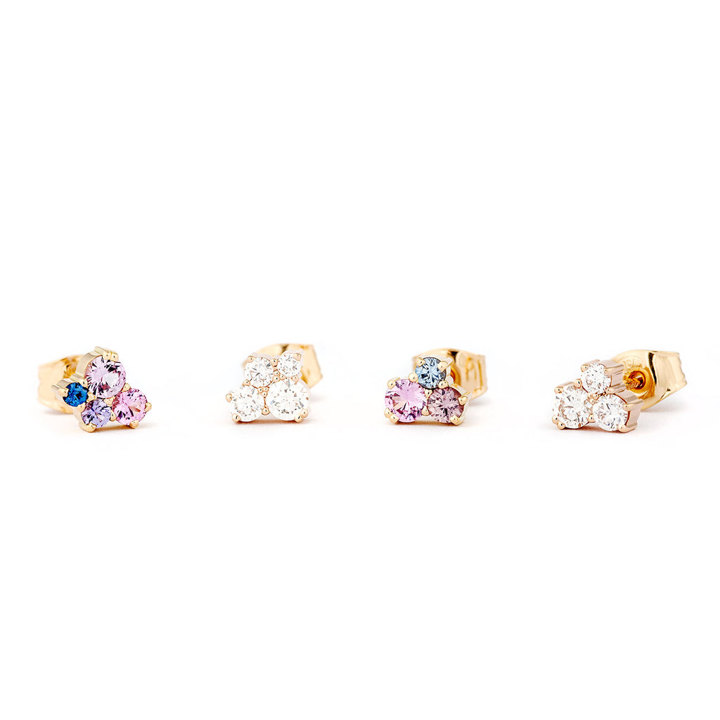 Stud earrings like candy! Golden Keto Meadow stud earrings, with colorful sapphires and white tw/vs diamonds. Design Jussi Louesalmi, Au3 Goldsmiths