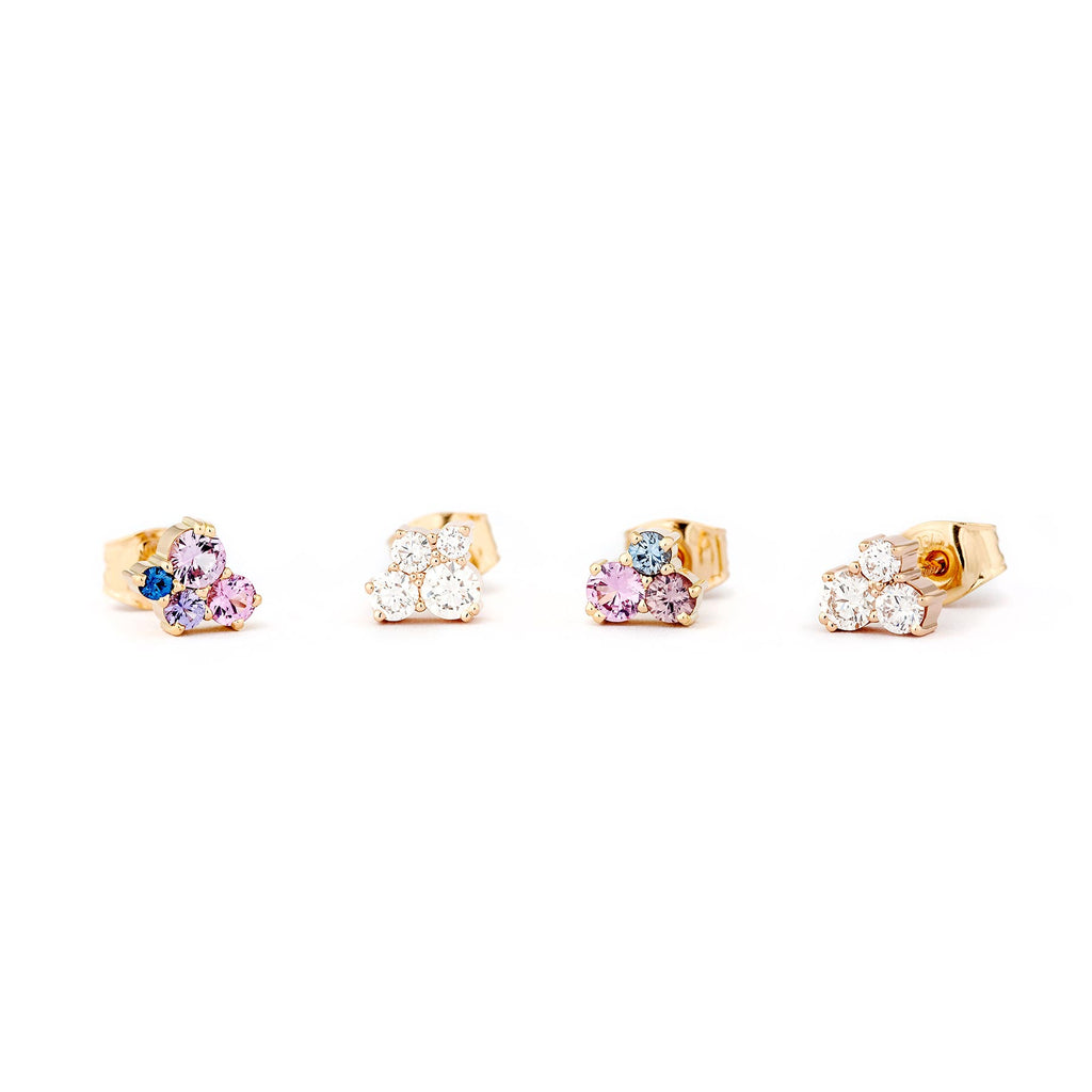 Studs like candy! Golden Keto Meadow collection's earrings with colorful sapphires and white diamonds. Design by Jussi Louesalmi, Au3 Goldsmiths.