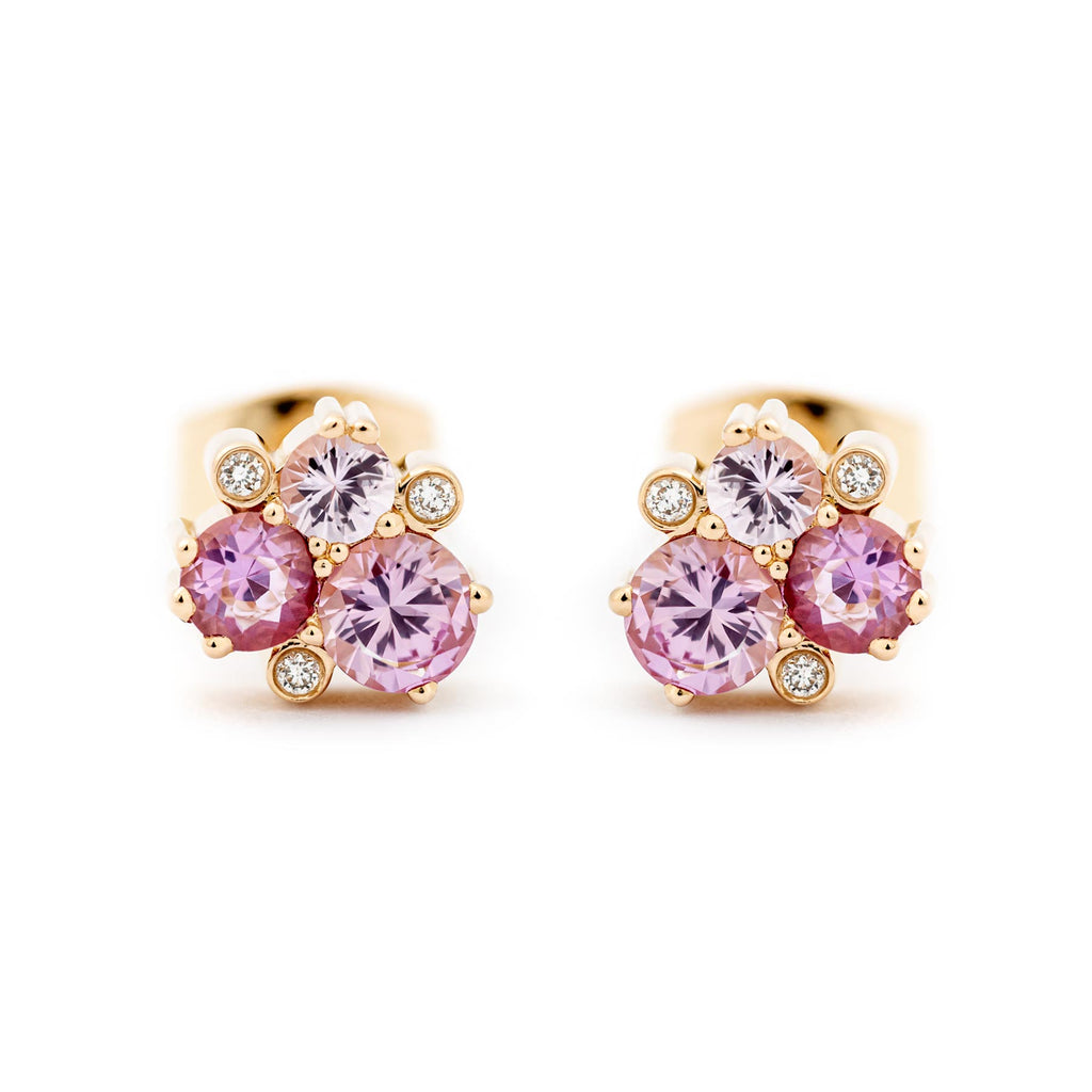 Keto Meadow stud earrings in 750 yellow gold with 3 pink sapphires and 3 white diamonds, design by Jussi Louesalmi, Au3 Goldsmiths