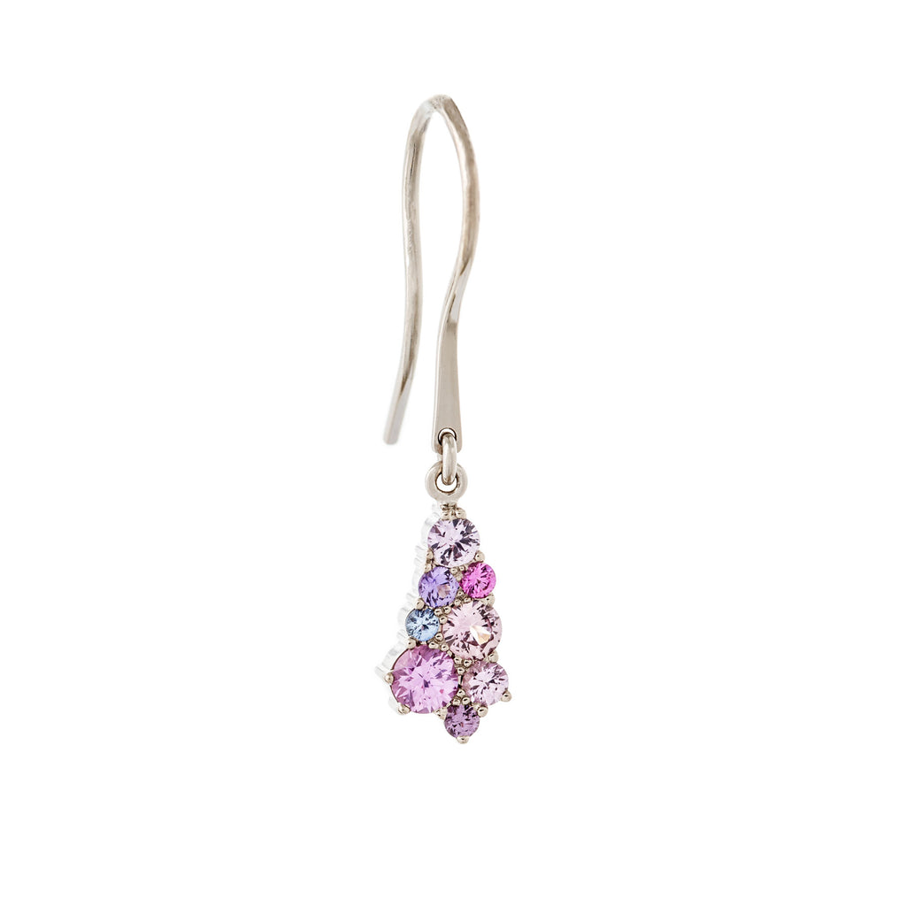 Hanging Keto Meadow drop shaped earring with colorful sapphires, design by Jussi Louesalmi, Au3 Goldsmiths