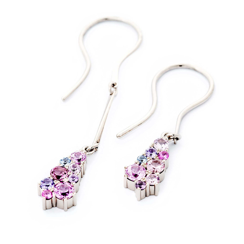 Two hanging Keto Meadow drop shaped earrings with colorful sapphires, design by Jussi Louesalmi, Au3 Goldsmiths