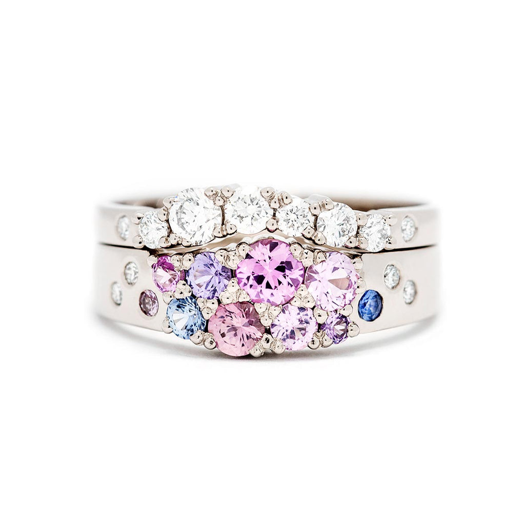 Keto Meadow Arc diamond ring combined with Keto Meadow narrowing Pink ring. Design by Jussi Louesalmi, Au3 Goldsmiths.