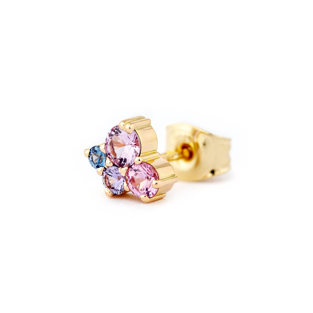Keto Meadow stud earring in 750 yellow gold  with 4 different size and color sapphires. Design by Jussi Louesalmi, Au3 Goldsmiths.