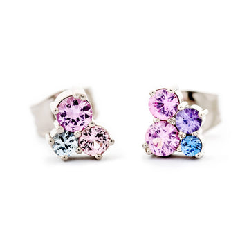 Pair of Keto Meadow stud earrings with different size pink, violet and blue sapphires. design by Jussi Louesalmi, Au3 Goldsmiths