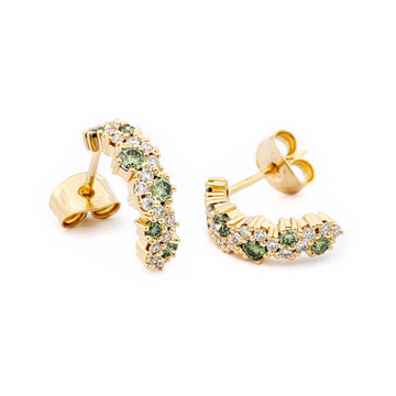 Green and white diamonds in golden MyWay earrings, design by Jussi Louesalmi, Au3 Goldsmiths