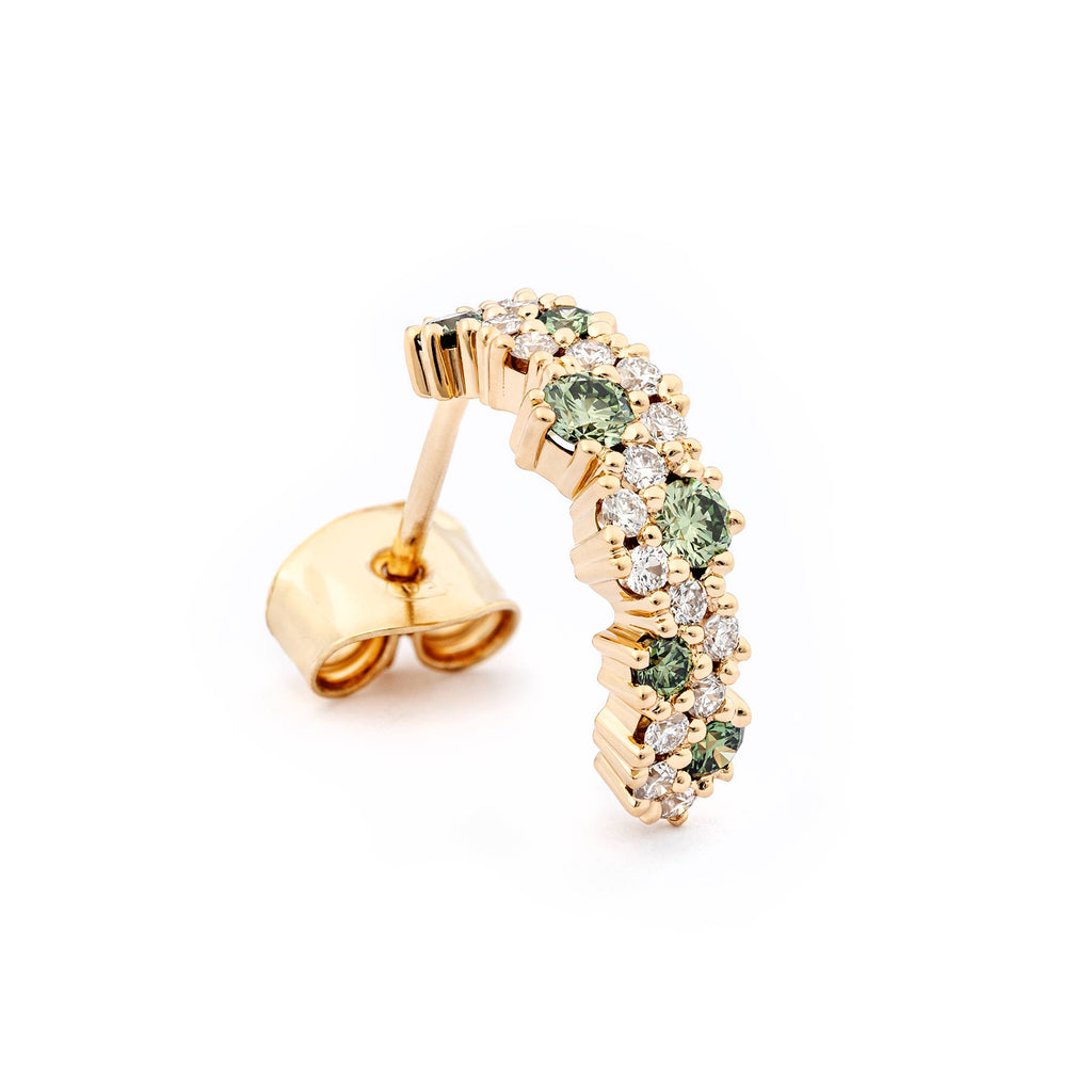 A single MyWay earring with green and white diamonds, design by Jussi Louesalmi, Au3 Goldsmiths